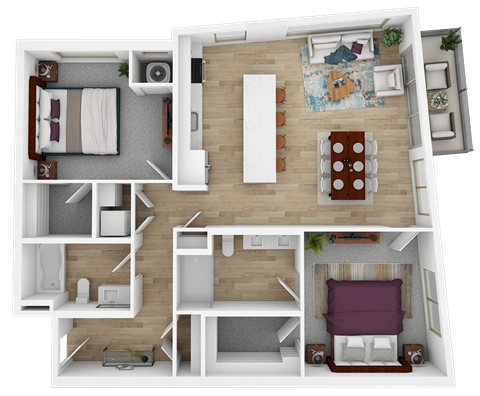 Floor plan for 2 beds, 2 baths, 1169 sqft